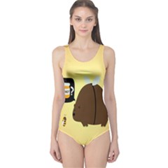 Bear Meet Bee Honey Animals Yellow Brown One Piece Swimsuit by Alisyart