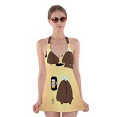 Bear Meet Bee Honey Animals Yellow Brown Halter Swimsuit Dress by Alisyart