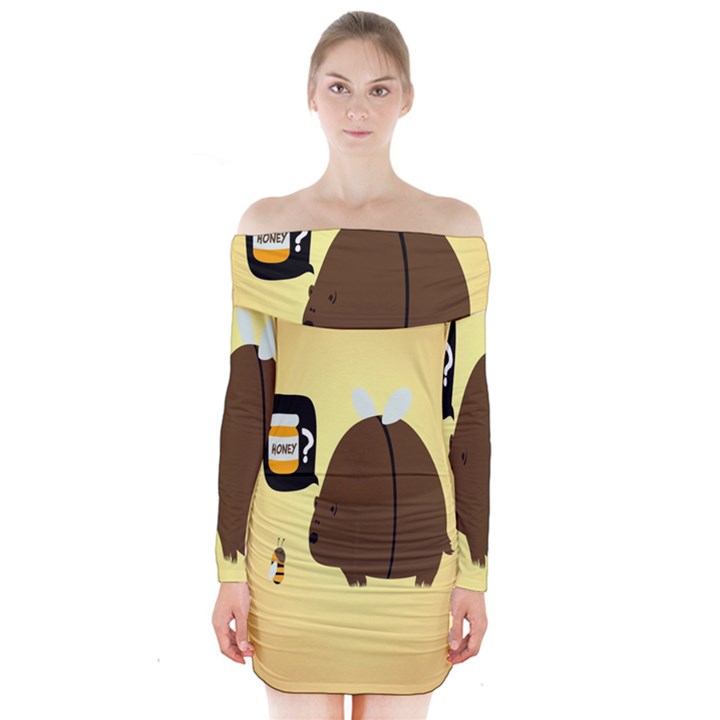 Bear Meet Bee Honey Animals Yellow Brown Long Sleeve Off Shoulder Dress