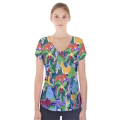 Animated Safari Animals Background Short Sleeve Front Detail Top by Nexatart