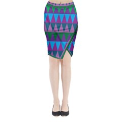 Blue Greens Aqua Purple Green Blue Plums Long Triangle Geometric Tribal Midi Wrap Pencil Skirt