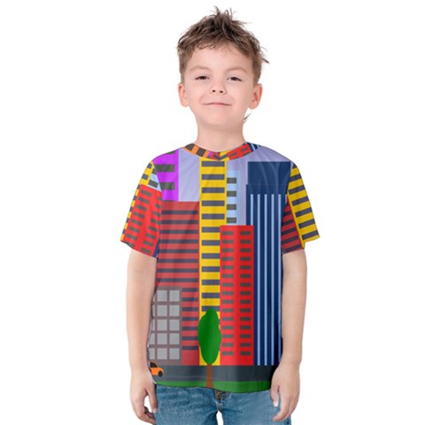 City Skyscraper Buildings Color Car Orange Yellow Blue Green Brown Kids  Cotton Tee by Alisyart