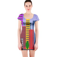 City Skyscraper Buildings Color Car Orange Yellow Blue Green Brown Short Sleeve Bodycon Dress