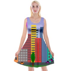 City Skyscraper Buildings Color Car Orange Yellow Blue Green Brown Reversible Velvet Sleeveless Dress