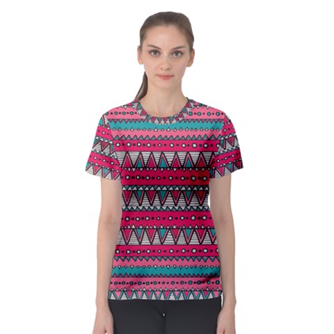 Aztec Geometric Red Chevron Wove Fabric Women s Sport Mesh Tee by Alisyart