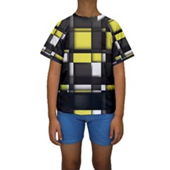 Color Geometry Shapes Plaid Yellow Black Kids  Short Sleeve Swimwear