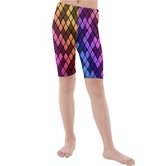 Colorful Abstract Plaid Rainbow Gold Purple Blue Kids  Mid Length Swim Shorts by Alisyart