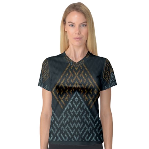 Geometric Triangle Grey Gold Women s V-neck Sport Mesh Tee by Alisyart