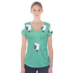 Goat Sheep Green White Animals Short Sleeve Front Detail Top