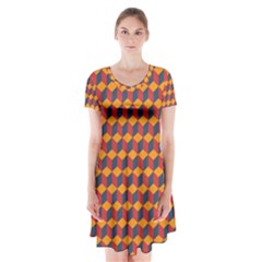 Geometric Plaid Red Orange Short Sleeve V-neck Flare Dress