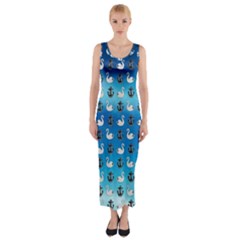 Goose Swan Anchor Blue Fitted Maxi Dress