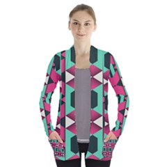 Green Pink Shapes                Women s Open Front Pockets Cardigan