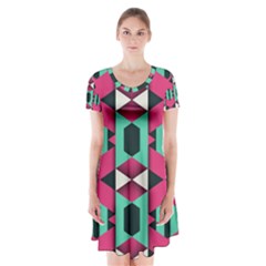 Green Pink Shapes           Short Sleeve V-neck Flare Dress by LalyLauraFLM