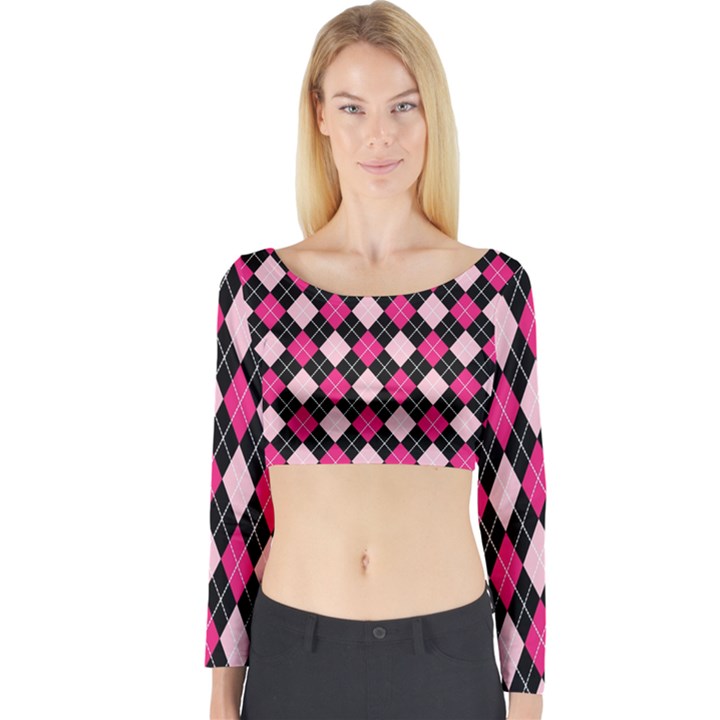 Argyle Pattern Pink Black Long Sleeve Crop Top
