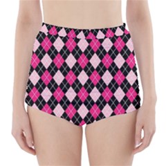 Argyle Pattern Pink Black High-waisted Bikini Bottoms