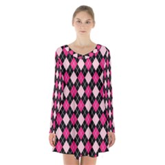 Argyle Pattern Pink Black Long Sleeve Velvet V-neck Dress by Nexatart