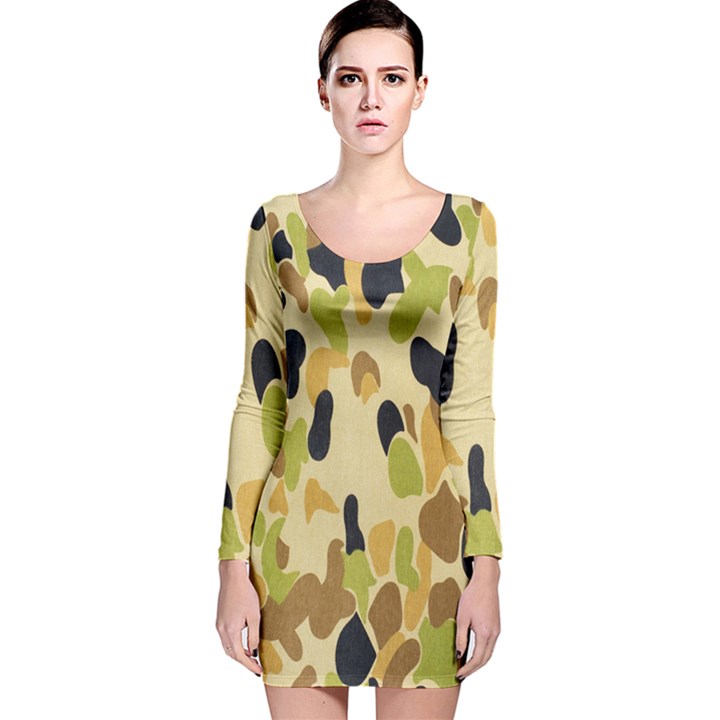 Army Camouflage Pattern Long Sleeve Velvet Bodycon Dress