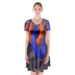 Low Poly Figures Circles Surface Orange Blue Grey Triangle Short Sleeve V-neck Flare Dress