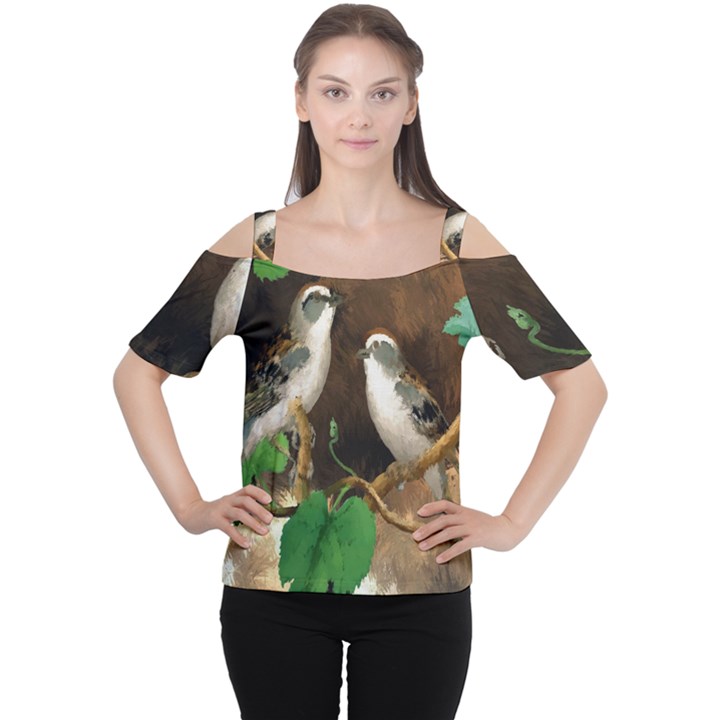 Backdrop Colorful Bird Decoration Women s Cutout Shoulder Tee