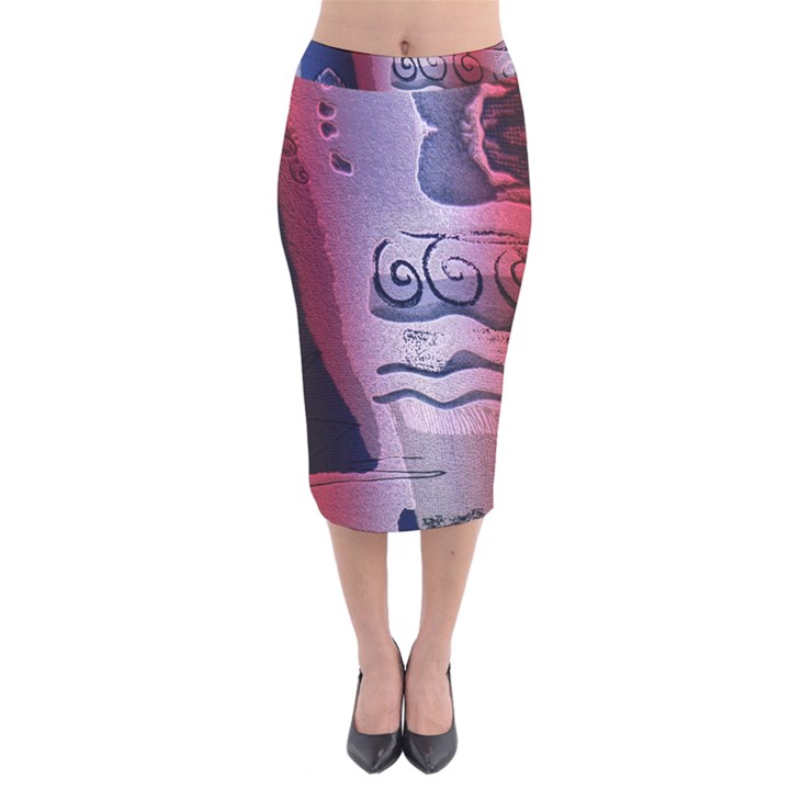 Background Fabric Patterned Blue White And Red Velvet Midi Pencil Skirt