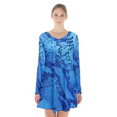 Background Tissu Fleur Bleu Long Sleeve Velvet V-neck Dress by Nexatart