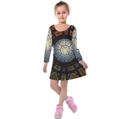 Black And Borwn Stained Glass Dome Roof Kids  Long Sleeve Velvet Dress by Nexatart