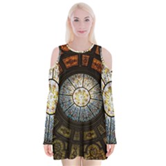 Black And Borwn Stained Glass Dome Roof Velvet Long Sleeve Shoulder Cutout Dress by Nexatart