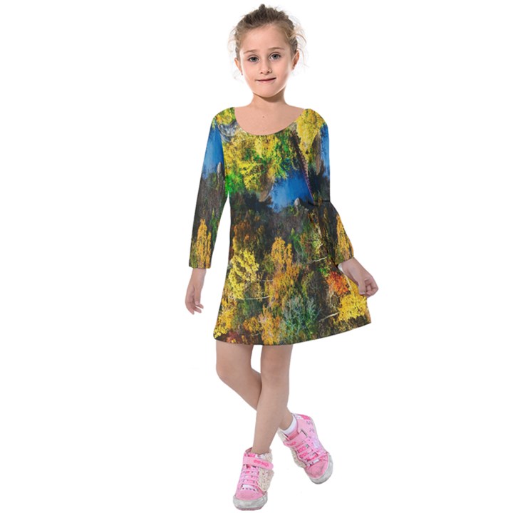 Bridge River Forest Trees Autumn Kids  Long Sleeve Velvet Dress