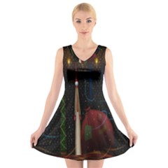 Christmas Xmas Bag Pattern V-Neck Sleeveless Skater Dress