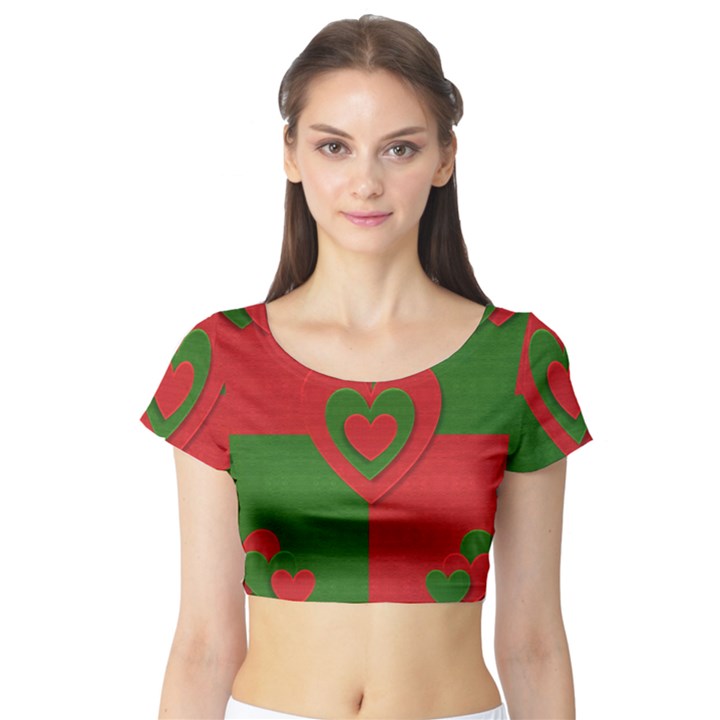 Christmas Fabric Hearts Love Red Short Sleeve Crop Top (Tight Fit)