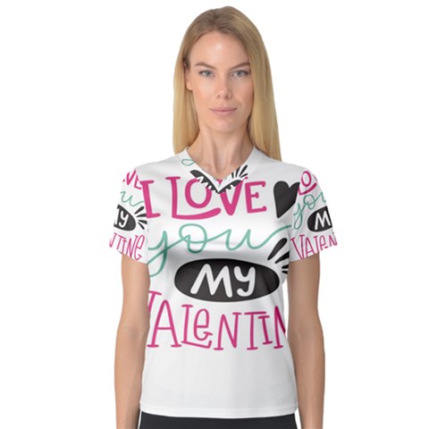 I Love You My Valentine (white) Our Two Hearts Pattern (white) Women s V-neck Sport Mesh Tee by FashionFling