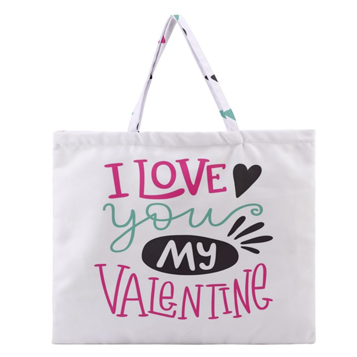 I Love You My Valentine / Our Two Hearts Pattern (white) Zipper Large Tote Bag