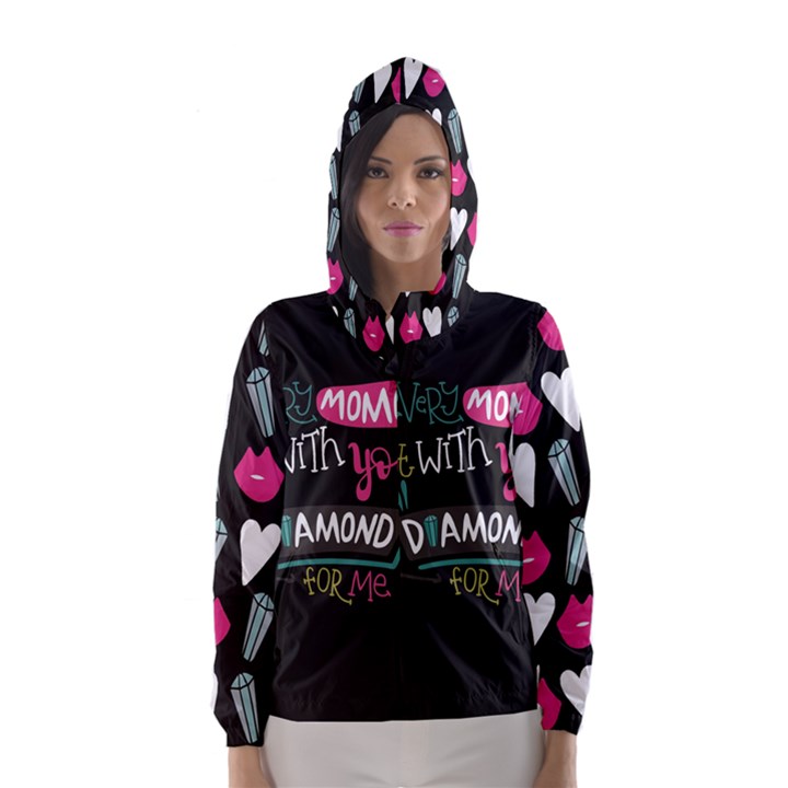 My Every Moment Spent With You Is Diamond To Me / Diamonds Hearts Lips Pattern (black) Hooded Wind Breaker (Women)