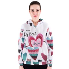You Are My Beat / Pink And Teal Hearts Pattern (white)  Women s Zipper Hoodie by FashionFling
