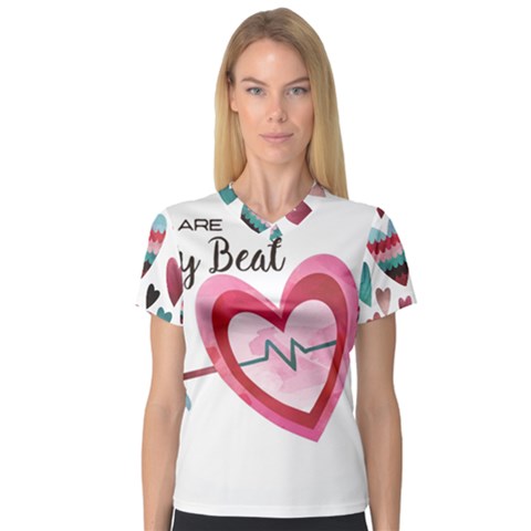 You Are My Beat / Pink And Teal Hearts Pattern (white)  Women s V-neck Sport Mesh Tee by FashionFling