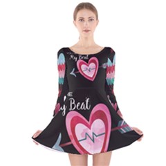You Are My Beat / Pink And Teal Hearts Pattern (black)  Long Sleeve Velvet Skater Dress