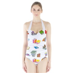 Bookworm Pattern Halter Swimsuit