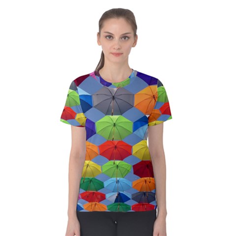 Color Umbrella Blue Sky Red Pink Grey And Green Folding Umbrella Painting Women s Cotton Tee by Nexatart