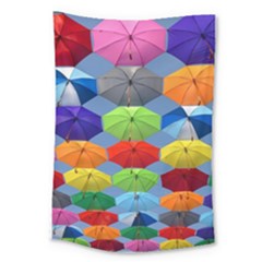 Color Umbrella Blue Sky Red Pink Grey And Green Folding Umbrella Painting Large Tapestry by Nexatart