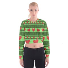 Fabric Christmas Hearts Texture Women s Cropped Sweatshirt by Nexatart