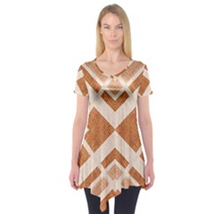 Fabric Textile Tan Beige Geometric Short Sleeve Tunic 