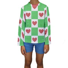 Fabric Texture Hearts Checkerboard Kids  Long Sleeve Swimwear
