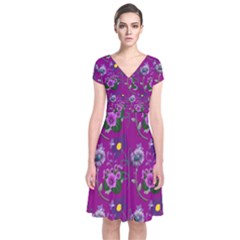 Flower Pattern Short Sleeve Front Wrap Dress