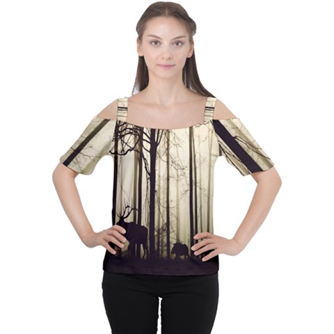 Forest Fog Hirsch Wild Boars Women s Cutout Shoulder Tee by Nexatart