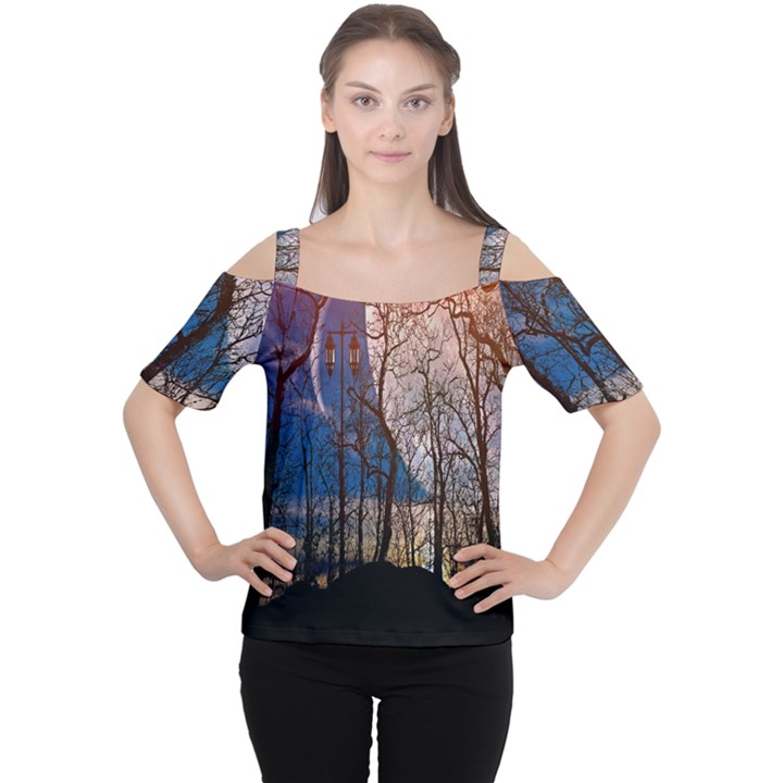 Full Moon Forest Night Darkness Women s Cutout Shoulder Tee