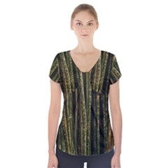 Green And Brown Bamboo Trees Short Sleeve Front Detail Top by Nexatart