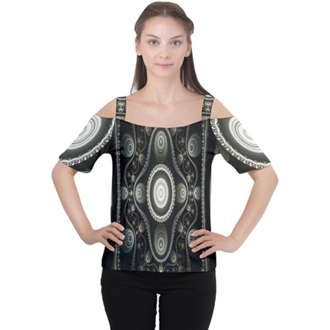 Fractal Beige Blue Abstract Women s Cutout Shoulder Tee by Nexatart