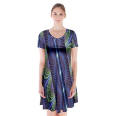 Fractal Blue Lines Colorful Short Sleeve V-neck Flare Dress