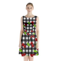 Cherries plaid pattern  Sleeveless Chiffon Waist Tie Dress