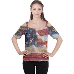 Grunge United State Of Art Flag Women s Cutout Shoulder Tee